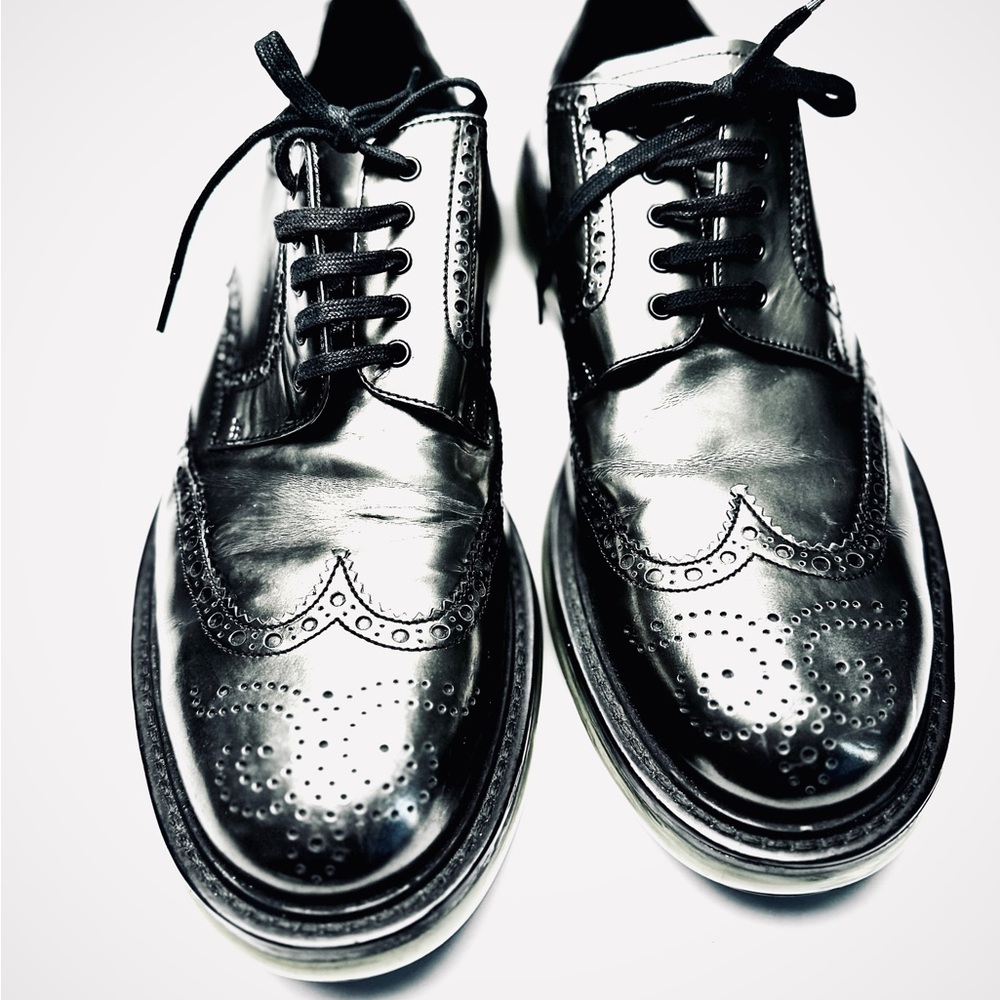 🔥Rare Prada Silver Metallic Leather  Wingtips with Clear Sneaker Sole🔥